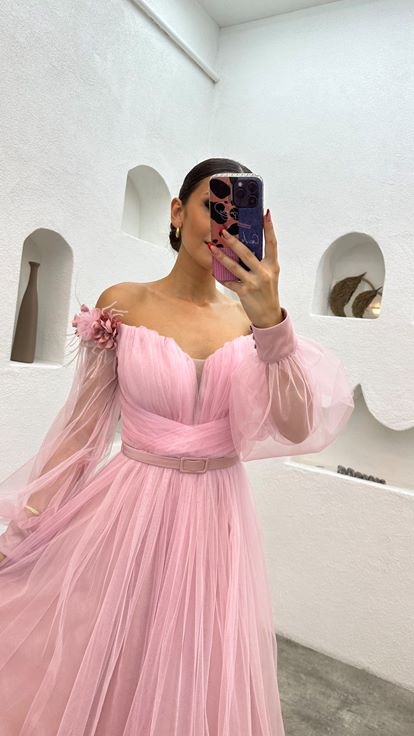 Powder Midi Length Shoulder Floral Detail Belted Design Tulle Evening Dress