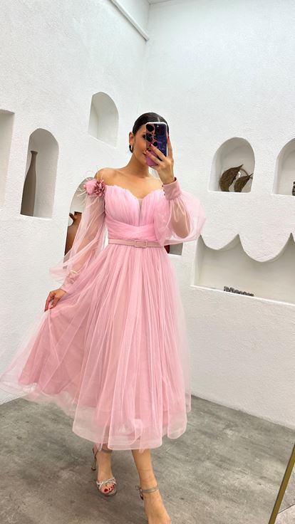 Powder Midi Length Shoulder Floral Detail Belted Design Tulle Evening Dress