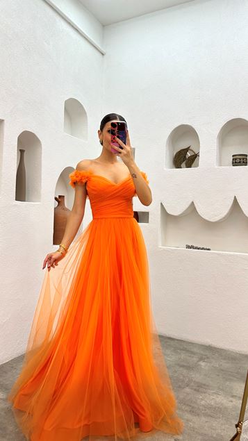 Spalla arancione floreale tulle abito da sera