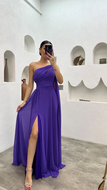 Purple One Shoulder Stone Embroidered Draped Design Evening Dress