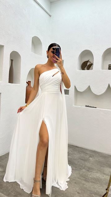White One Shoulder Stone Embroidered Draped Design Evening Dress