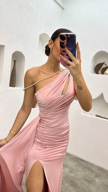 Powder One Shoulder Chain Draped Robe de soirée