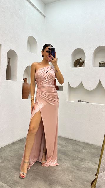 Powder One Shoulder Embroidered Detail Draped Design Evening Dress