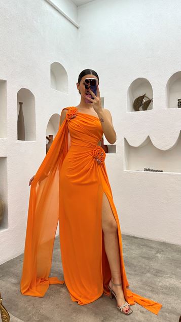 Orange One Shoulder Rose Detail Draped Design Evening Dress