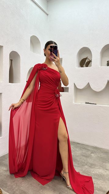 Red One Shoulder Evening Dress with Rose Detail and Drapes