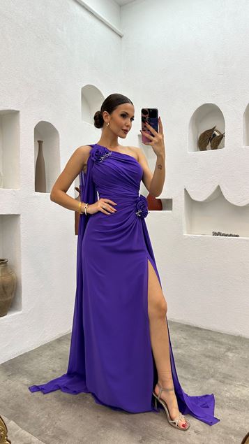 Purple One Shoulder Rose Detail Draped Design Evening Dress