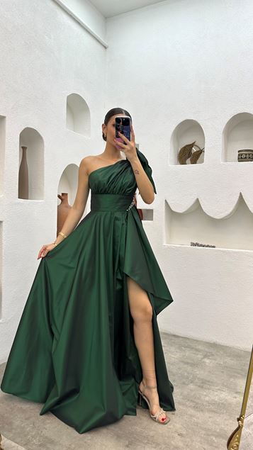 Emerald One Shoulder Waist Embroidered Evening Dress