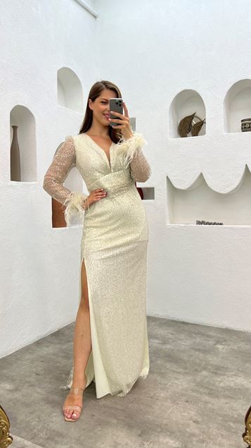 Feather Detail Design Embroidered Sequin Plus Size Evening Dress with Sleeves