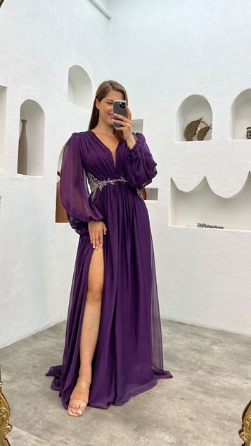 Plum Balloon Sleeve Waist Detail Embroidered Tulle Plus Size Evening Dress