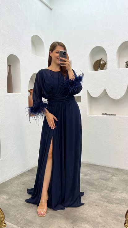 Navy Blue Plus Size Evening Dress With Tulle Sleeve Detail And Draped Tulle