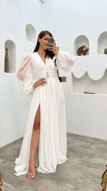 White Balloon Sleeve Pleat Detail Brooch Design Tulle Plus Size Evening Dress