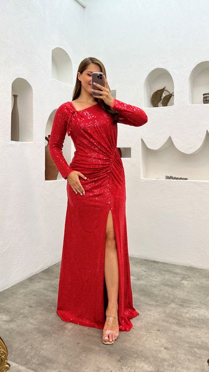 Robe de soirée Red Draped Sequin Plus Size
