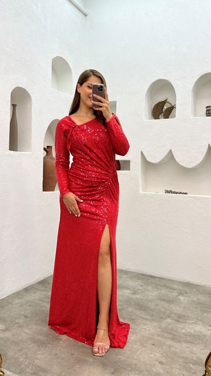 Robe de soirée Red Draped Sequin Plus Size