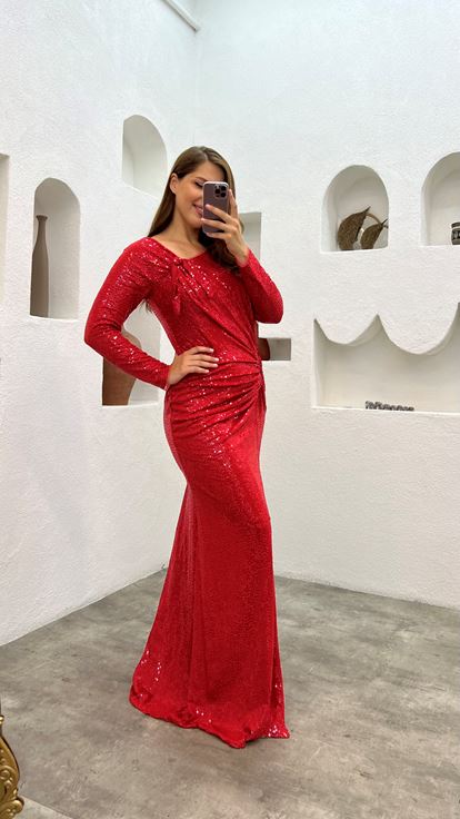 Robe de soirée Red Draped Sequin Plus Size