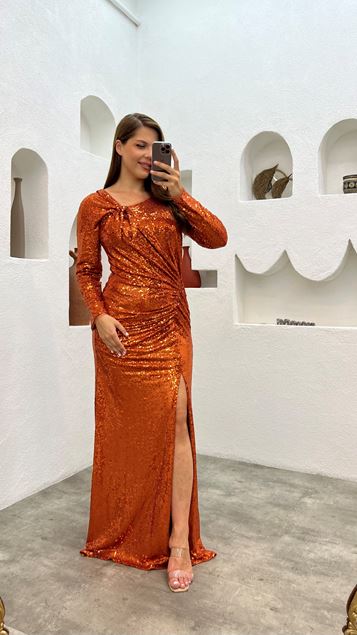 Orange Draped Sequin Plus Size Evening Dress Orange Draped Sequin Plus Size Evening Dress