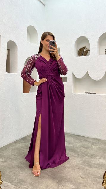 Fuchsia Draped Sleeves Tulle Embroidery Detail Satin Plus Size Evening Dress