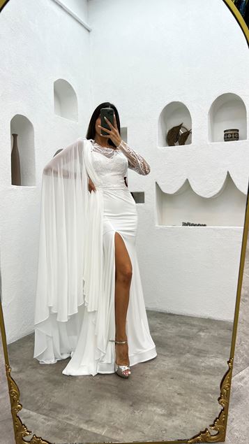 White Shoulder Detail Embroidered Slit Design Tulle Evening Dress