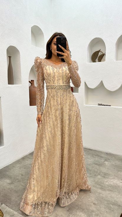 Beige Waistcoat Embroidered Detail Tulle Evening Dress