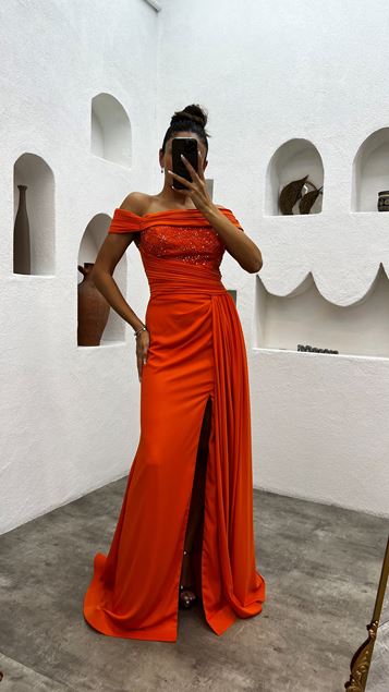 Orange Boat Neck Bust Embroidered Slit Satin Evening Dress