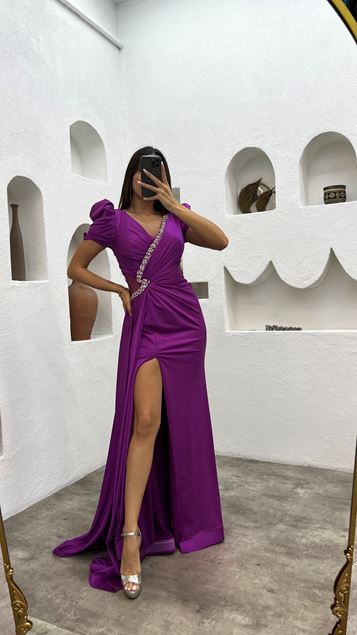 Fuchsia Balloon Sleeve Stone Embroidered Satin Evening Dress