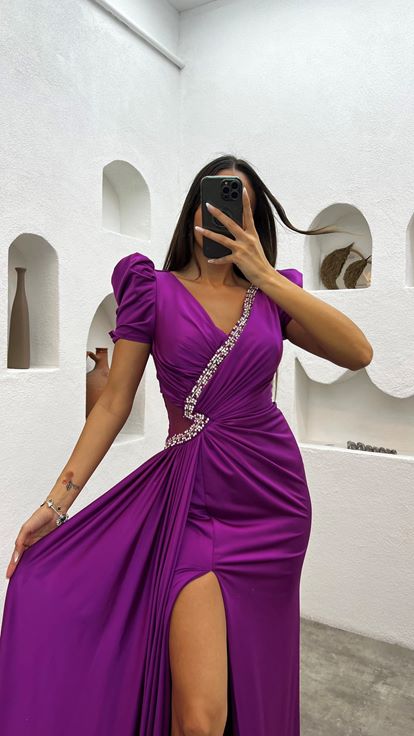 Fuşya Balon Kol Taş İşlemeli Saten Abiye Elbise