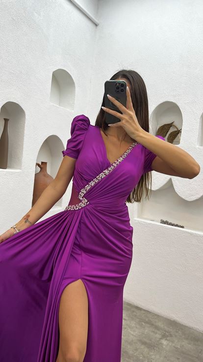 Fuşya Balon Kol Taş İşlemeli Saten Abiye Elbise