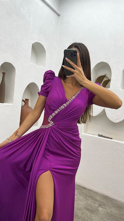 Fuşya Balon Kol Taş İşlemeli Saten Abiye Elbise