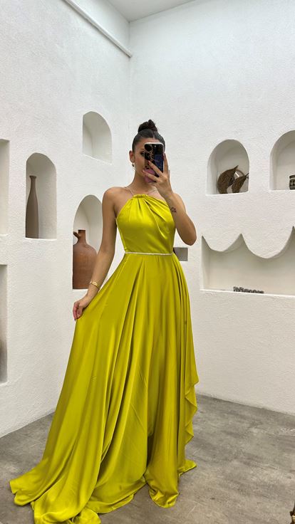Yellow Neck Detail Ruffled Satin Evening Dress