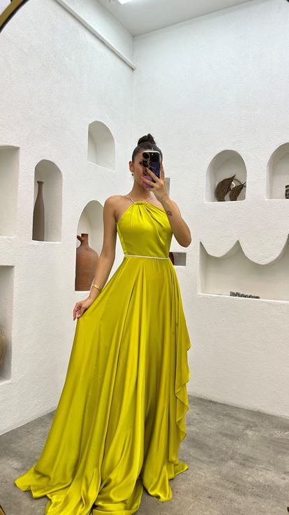 Yellow Neck Detail Ruffled Satin Evening Dress