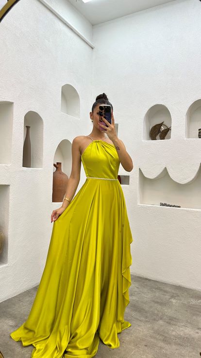 Yellow Neck Detail Ruffled Satin Evening Dress