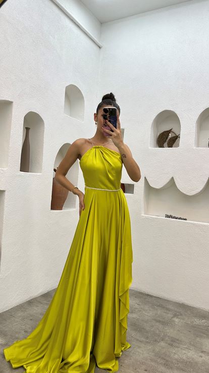 Yellow Neck Detail Ruffled Satin Evening Dress