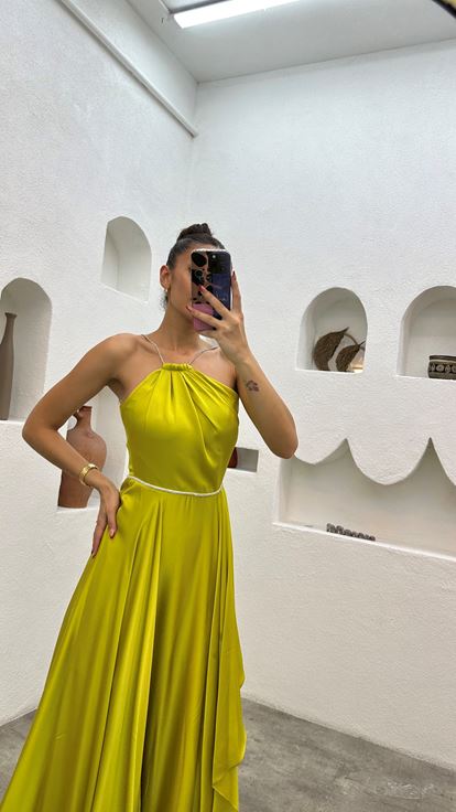 Yellow Neck Detail Ruffled Satin Evening Dress
