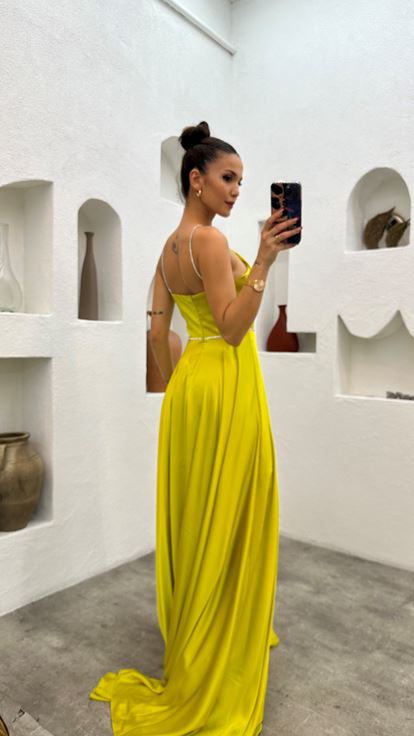 Yellow Neck Detail Ruffled Satin Evening Dress