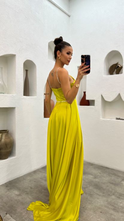 Yellow Neck Detail Ruffled Satin Evening Dress