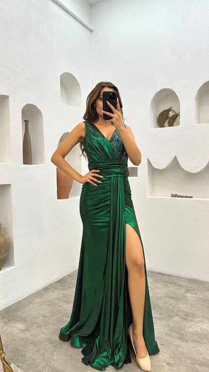 Emerald Green Stone Embroidered Draped Evening Dress