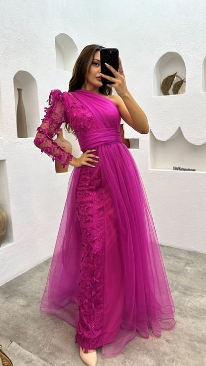 Fuchsia One Shoulder Embroidered Tulle Evening Dress