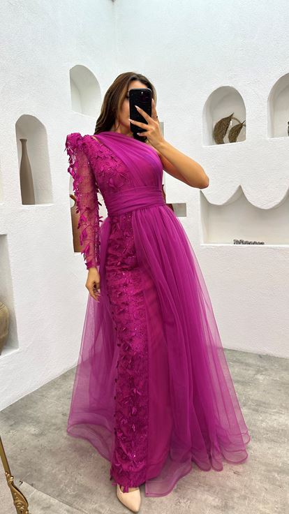 Fuchsia One Shoulder Embroidered Tulle Evening Dress
