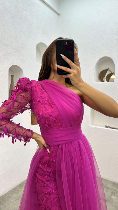 Fuchsia One Shoulder Embroidered Tulle Evening Dress