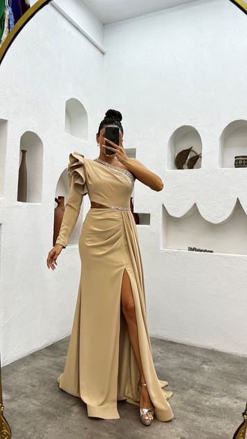 Beige una spalla vita dettaglio abito da sera