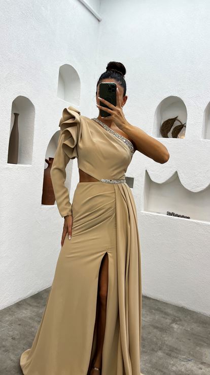 Beige una spalla vita dettaglio abito da sera