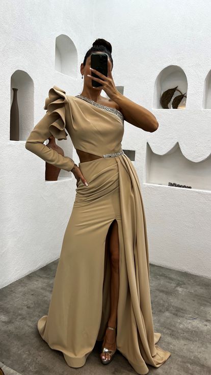 Beige una spalla vita dettaglio abito da sera