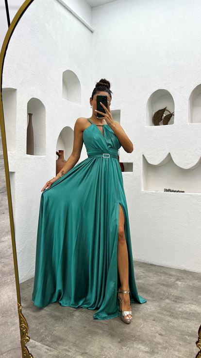 Turkuaz İp Askılı Pliseli Kemerli Saten Abiye Elbise