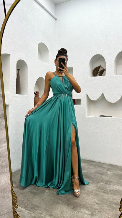 Turkuaz İp Askılı Pliseli Kemerli Saten Abiye Elbise