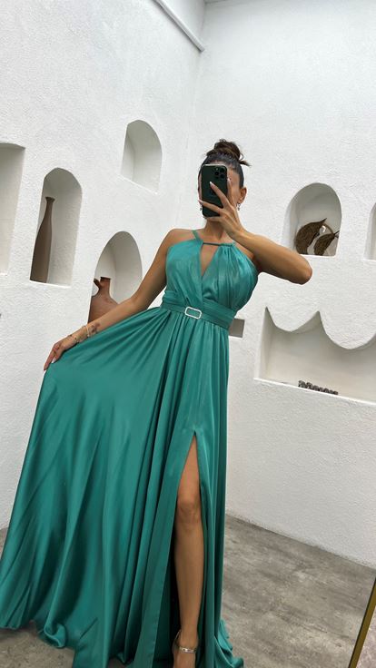 Turkuaz İp Askılı Pliseli Kemerli Saten Abiye Elbise