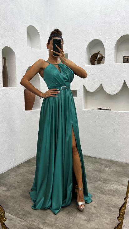 Turkuaz İp Askılı Pliseli Kemerli Saten Abiye Elbise