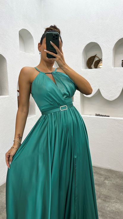 Turkuaz İp Askılı Pliseli Kemerli Saten Abiye Elbise