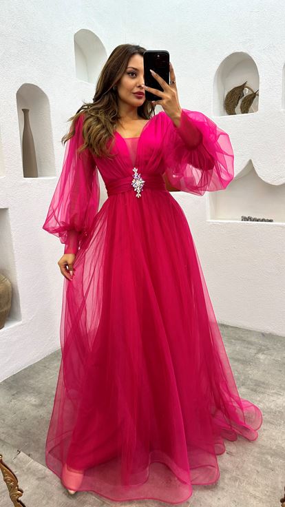Fuşya Balon Kol Broş Detay Tül Abiye Elbise