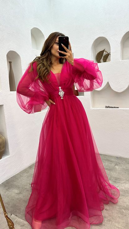 Fuşya Balon Kol Broş Detay Tül Abiye Elbise