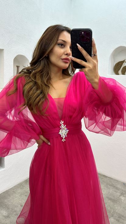 Fuşya Balon Kol Broş Detay Tül Abiye Elbise