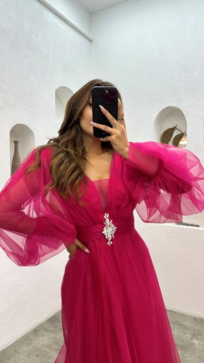Fuşya Balon Kol Broş Detay Tül Abiye Elbise